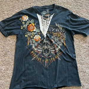 Affliction Black Tee with Floral and Skull Design